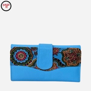 Billetera Cuero Azul Pintada a Mano Floral