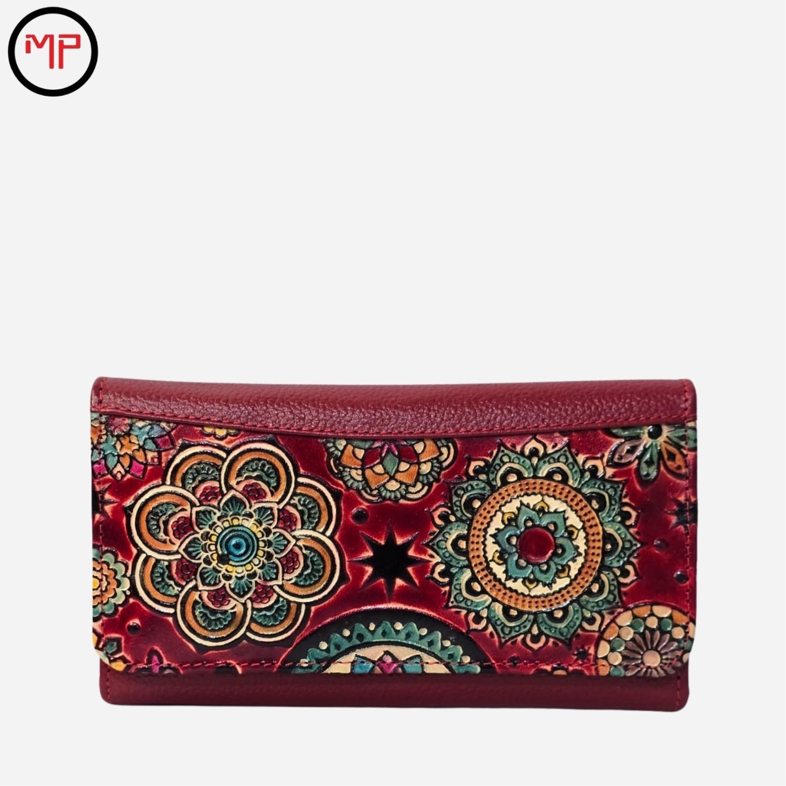 Billetera Cuero Rojo Pintada a Mano Mandalas