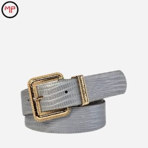 Cinturón Croco Gris con Hebilla Cuadrada Dorada