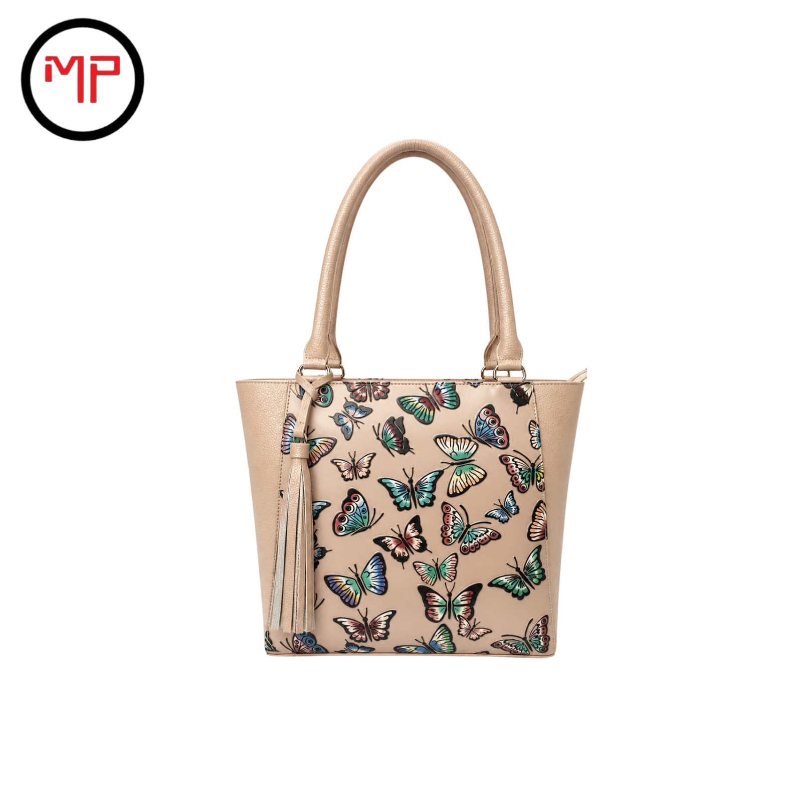 Bolso Playero Cuero Beige Mariposa